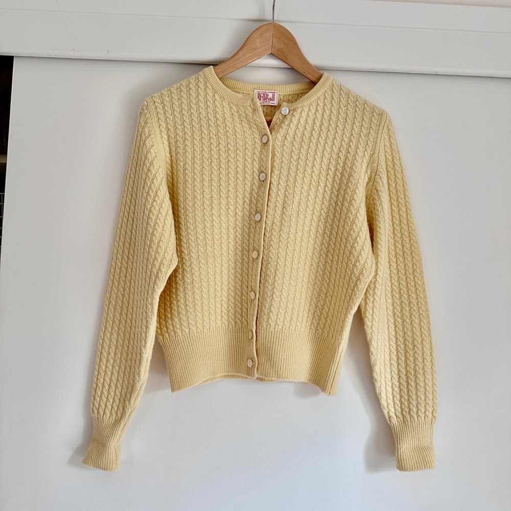 N.Peal London Yellow 100% Cashmere Cable Knit Cardigan Made in Scotland M